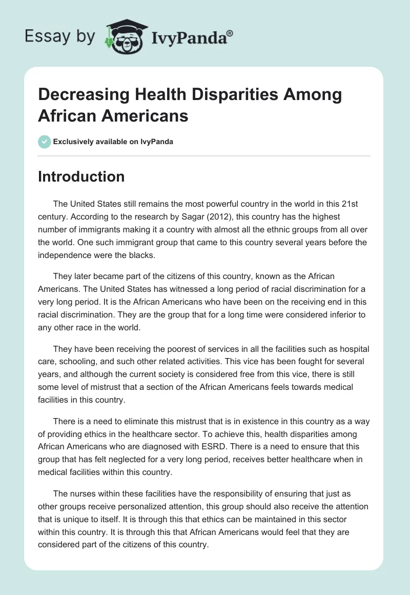 Decreasing Health Disparities Among African Americans. Page 1