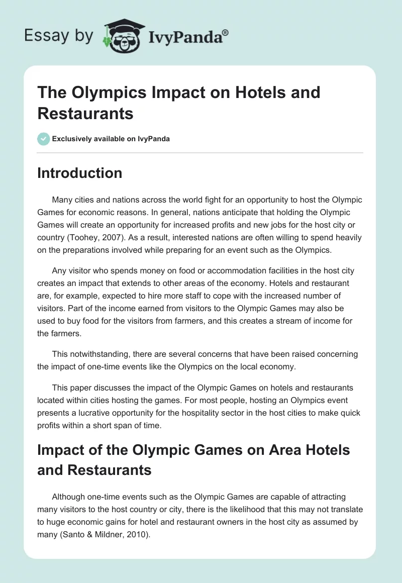 The Olympics Impact on Hotels and Restaurants. Page 1