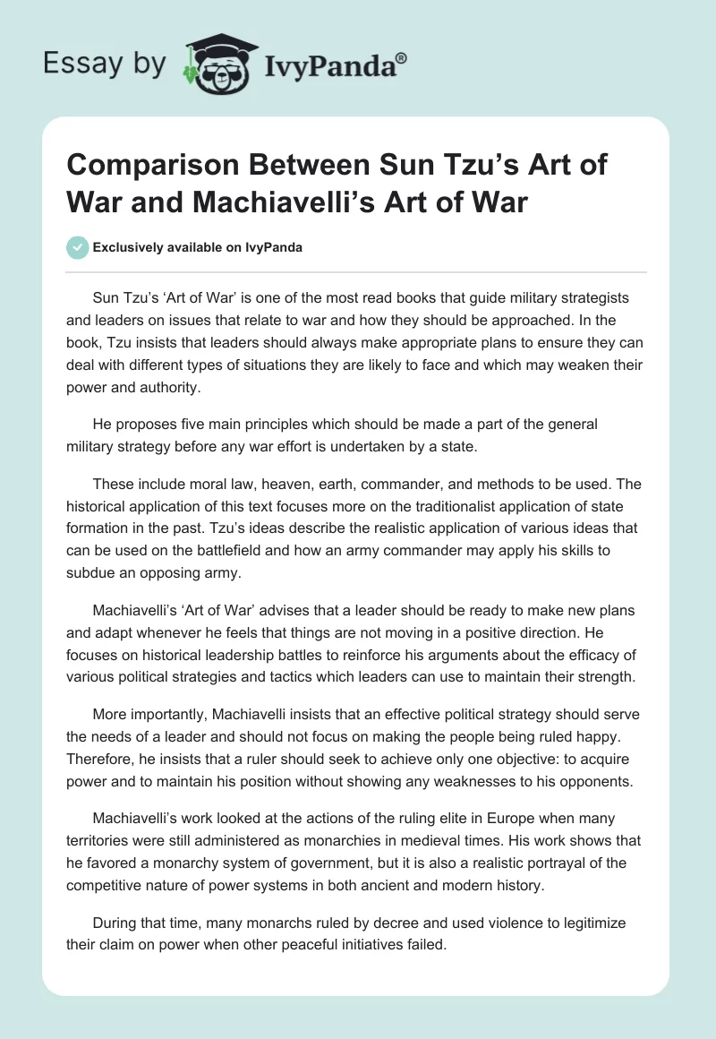 Comparison Between Sun Tzu’s Art of War and Machiavelli’s Art of War. Page 1