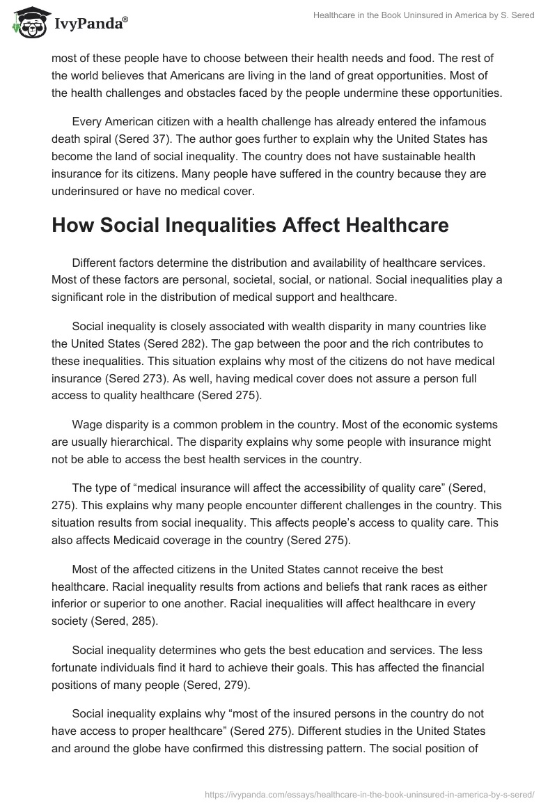 Healthcare in the Book "Uninsured in America" by S. Sered. Page 2