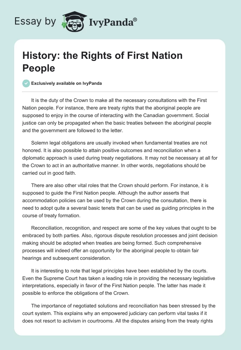 History: the Rights of First Nation People. Page 1