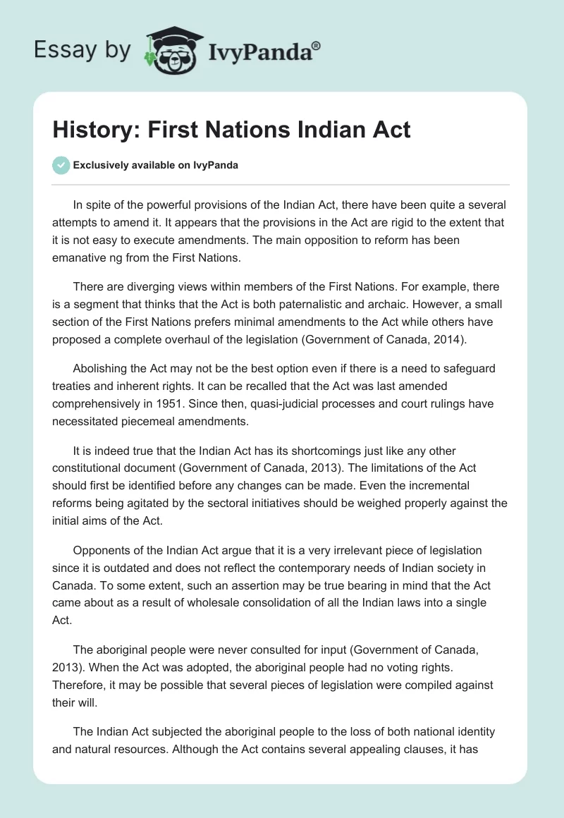History: First Nations Indian Act. Page 1