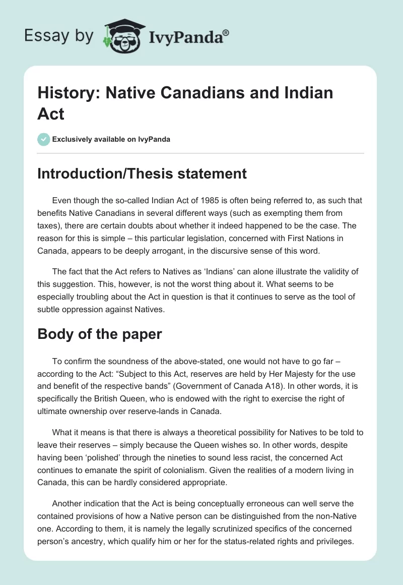 History: Native Canadians and Indian Act. Page 1