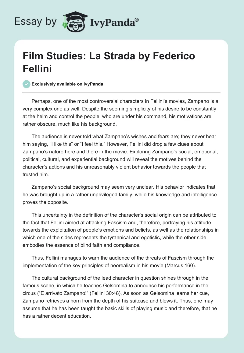 Film Studies: "La Strada" by Federico Fellini. Page 1