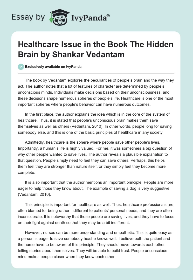 Healthcare Issue in the Book "The Hidden Brain" by Shankar Vedantam. Page 1