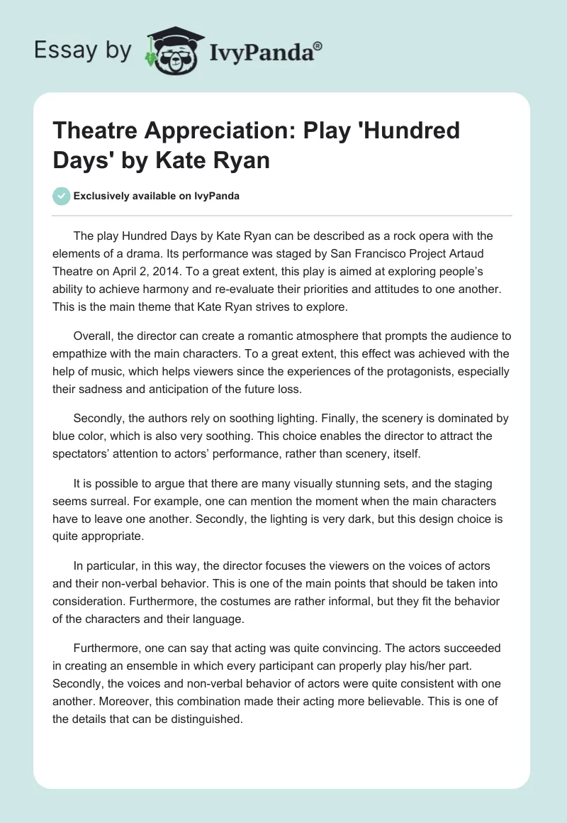 Theatre Appreciation: Play 'Hundred Days' by Kate Ryan. Page 1