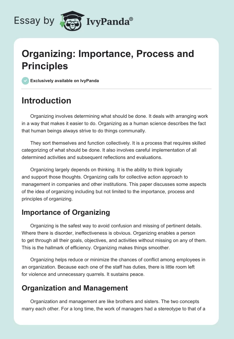 Organizing: Importance, Process and Principles. Page 1