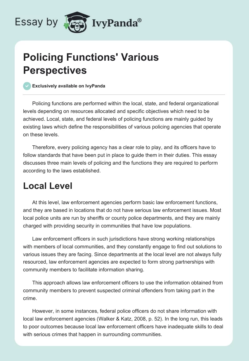 Policing Functions' Various Perspectives. Page 1