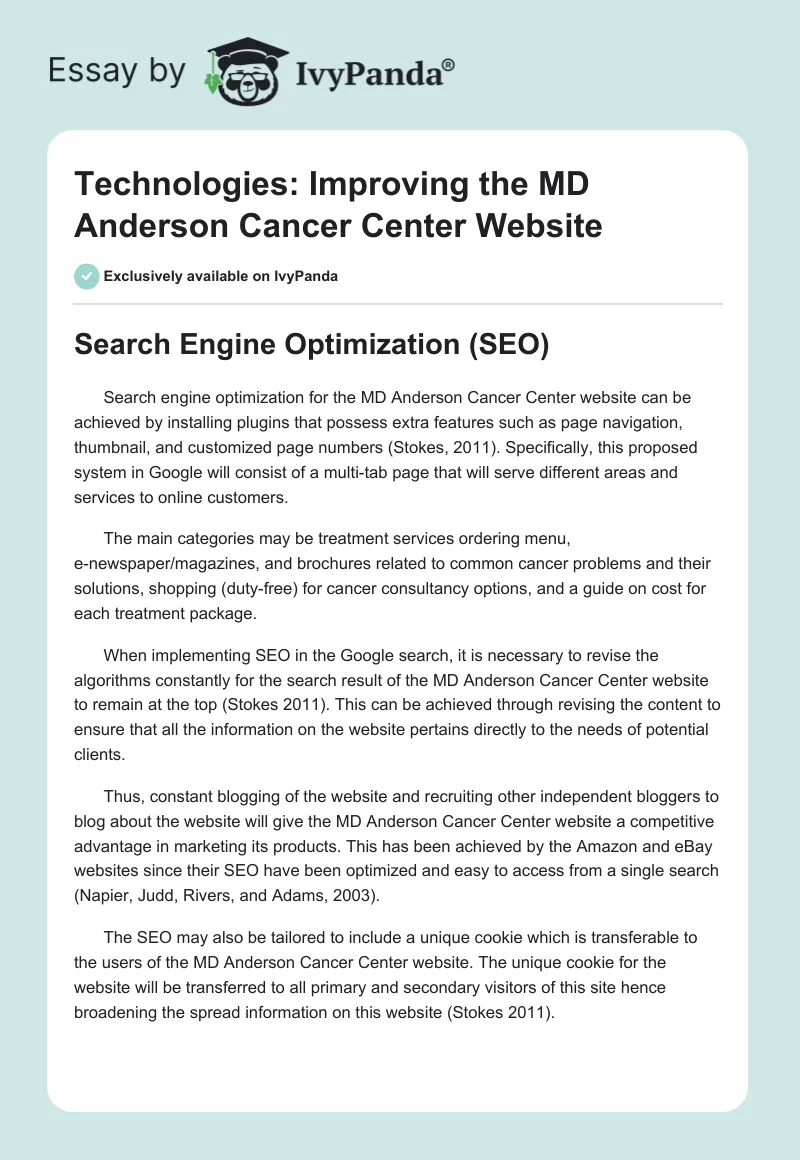 Technologies: Improving the MD Anderson Cancer Center Website. Page 1