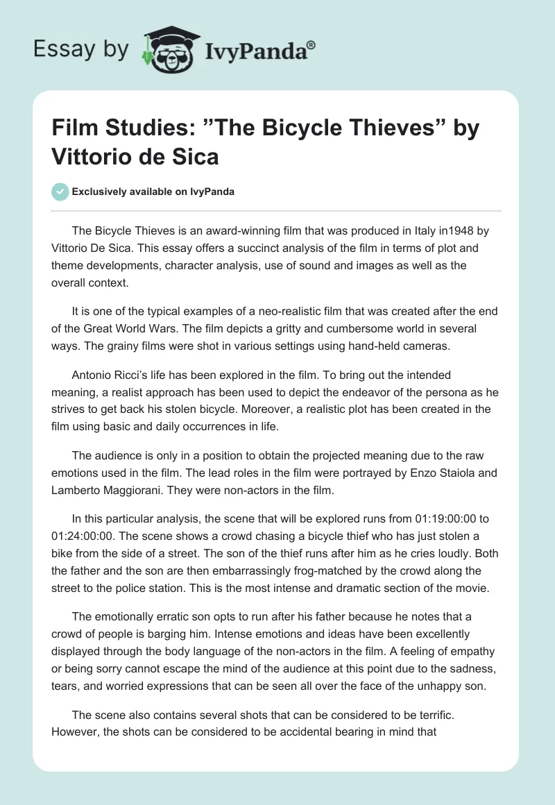 Film Studies: ”The Bicycle Thieves” by Vittorio de Sica. Page 1