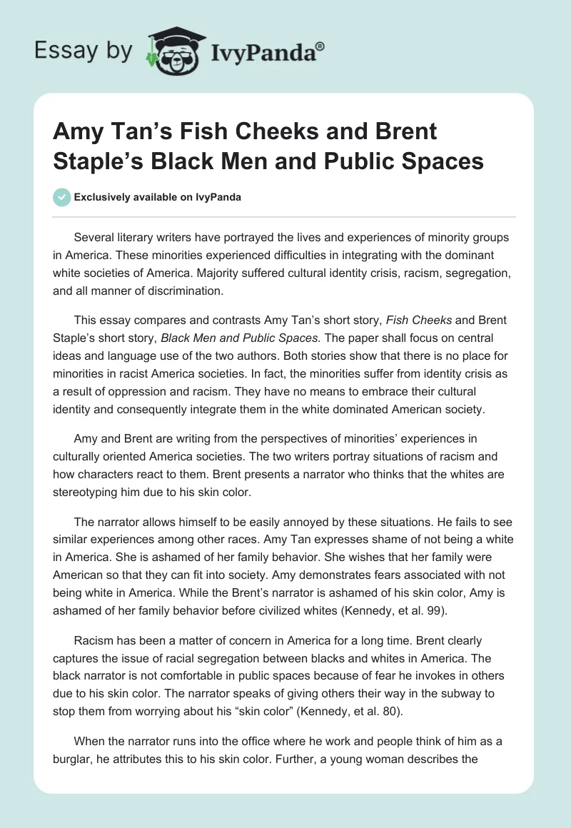 Amy Tan’s Fish Cheeks and Brent Staple’s Black Men and Public Spaces. Page 1