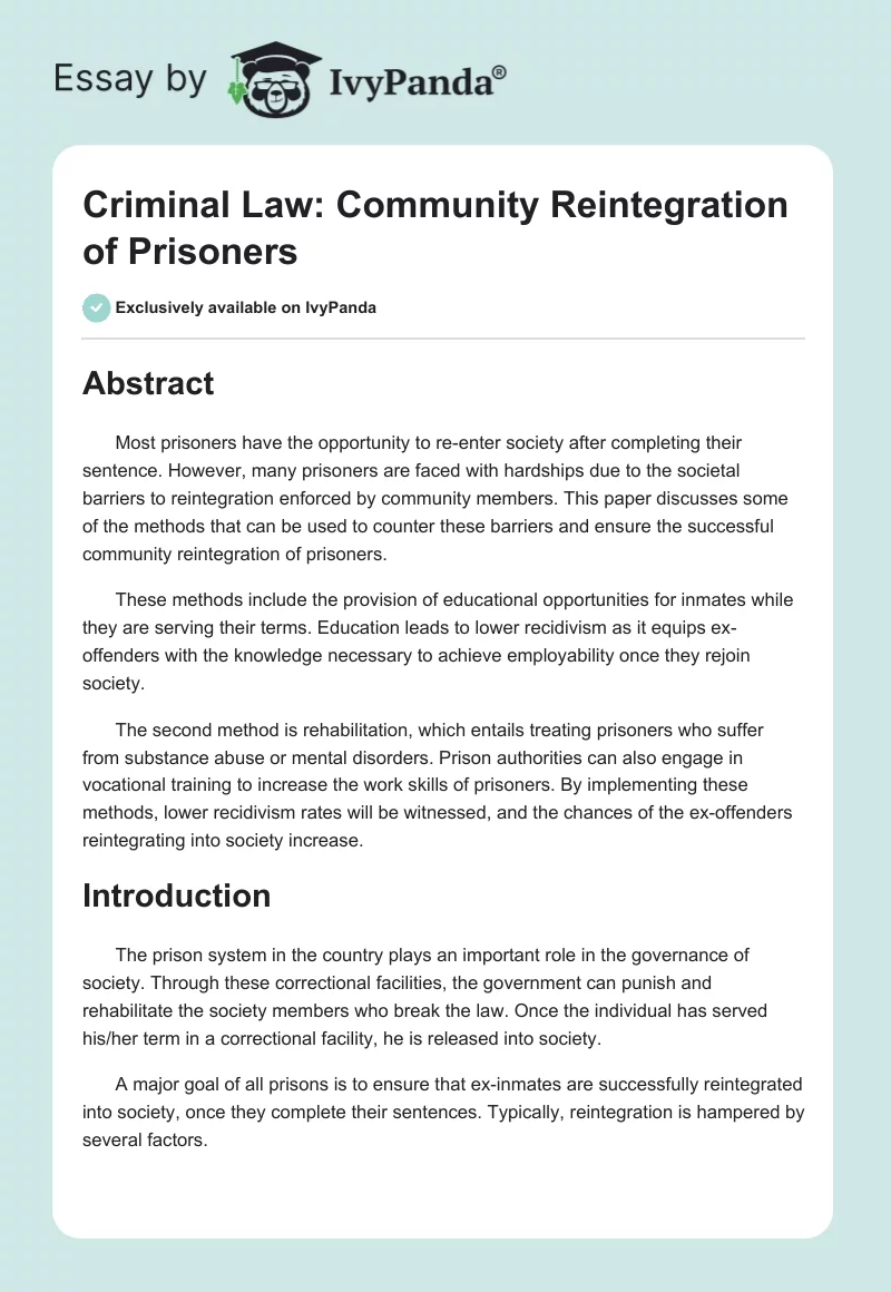 Criminal Law: Community Reintegration of Prisoners. Page 1