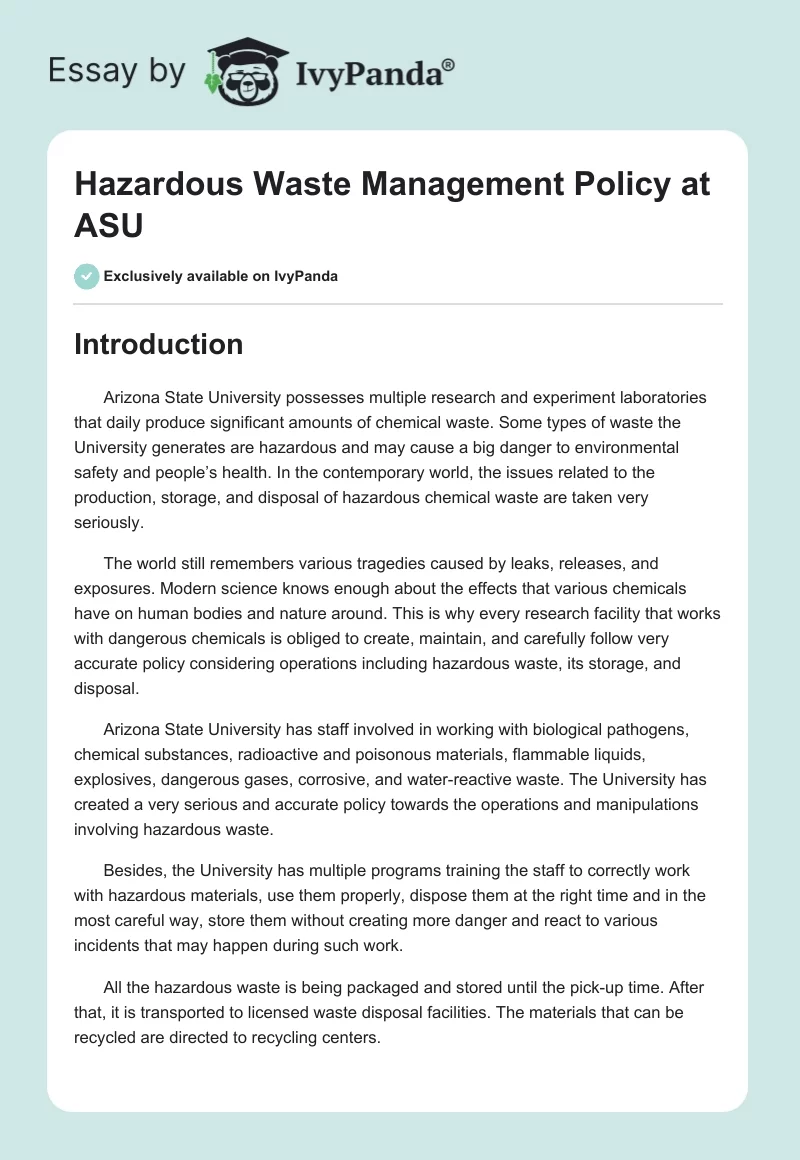 Hazardous Waste Management Policy at ASU. Page 1
