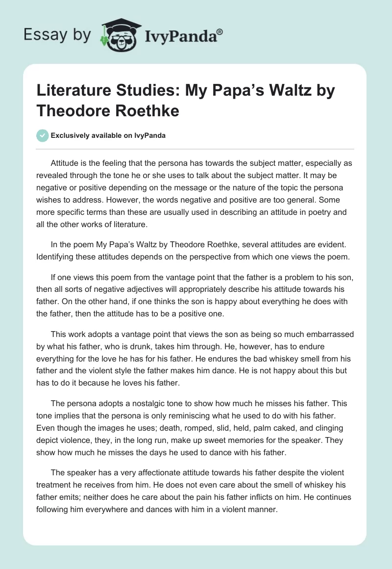Literature Studies: "My Papa’s Waltz" by Theodore Roethke. Page 1