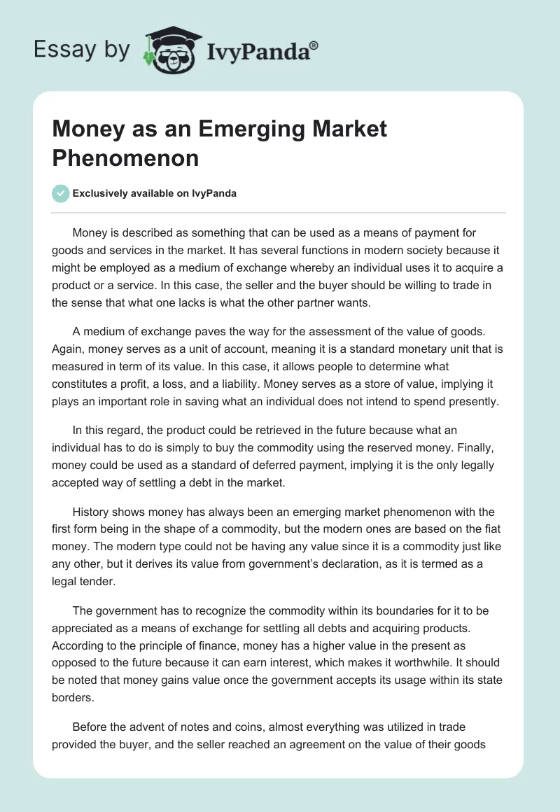 Money as an Emerging Market Phenomenon. Page 1