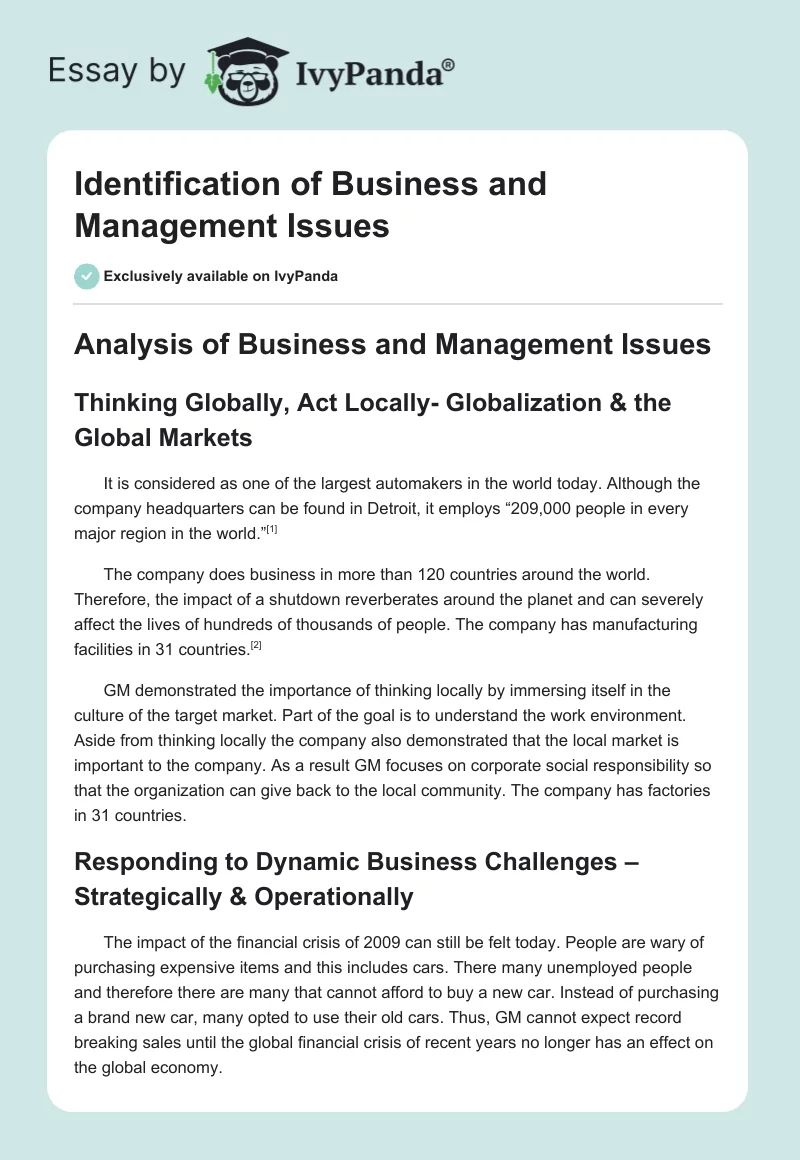 Identification of Business and Management Issues. Page 1