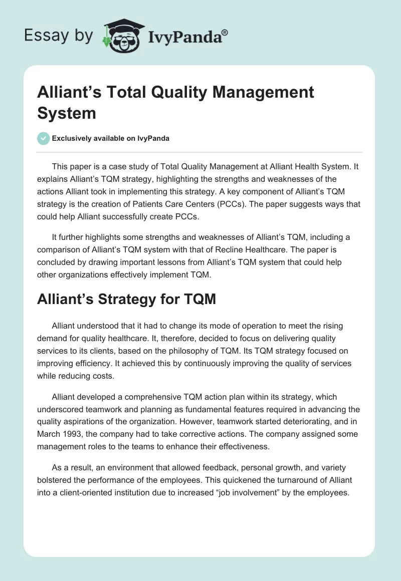 Alliant’s Total Quality Management System. Page 1