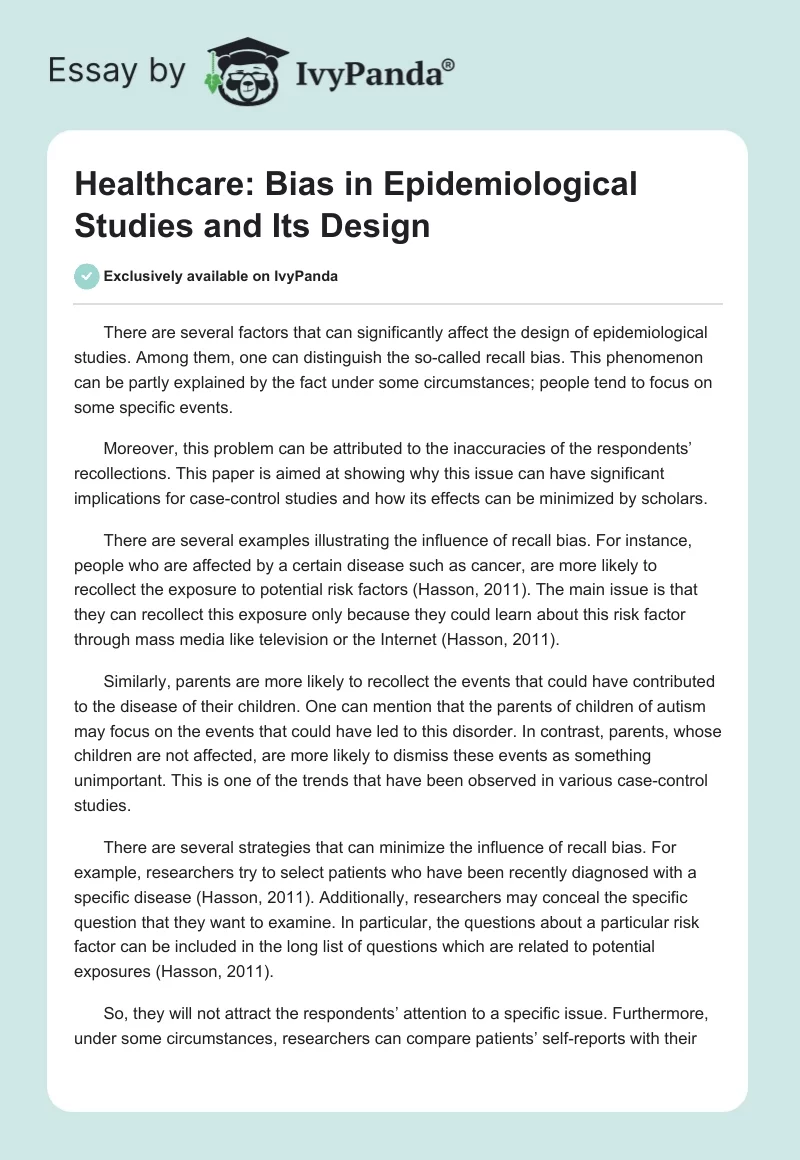 Healthcare: Bias in Epidemiological Studies and Its Design. Page 1