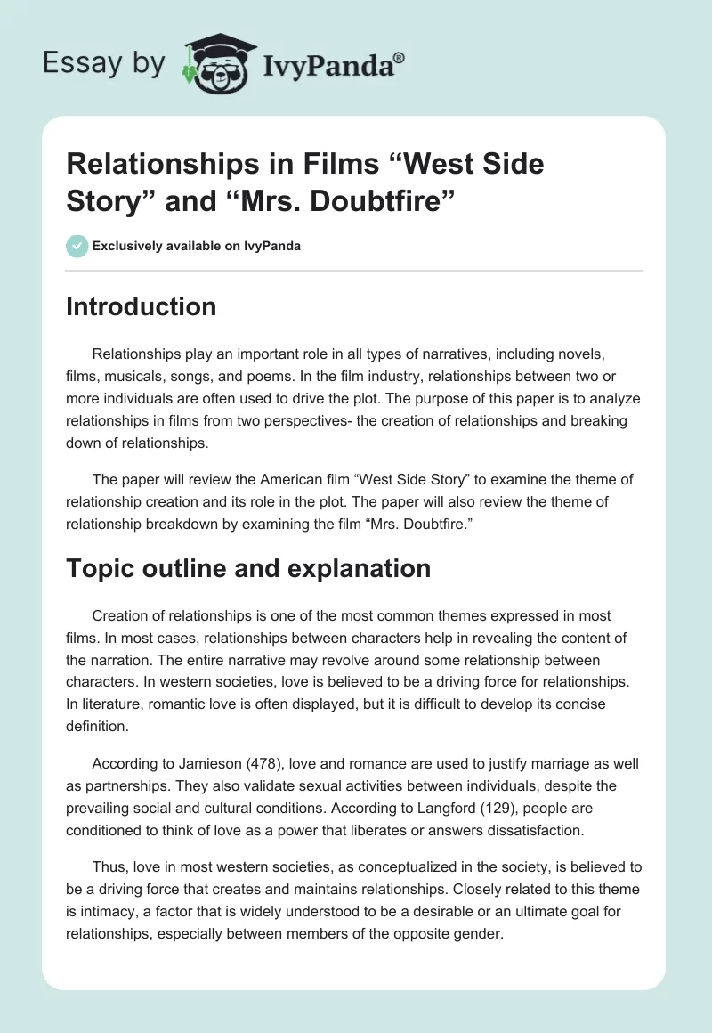 Relationships in Films “West Side Story” and “Mrs. Doubtfire”. Page 1