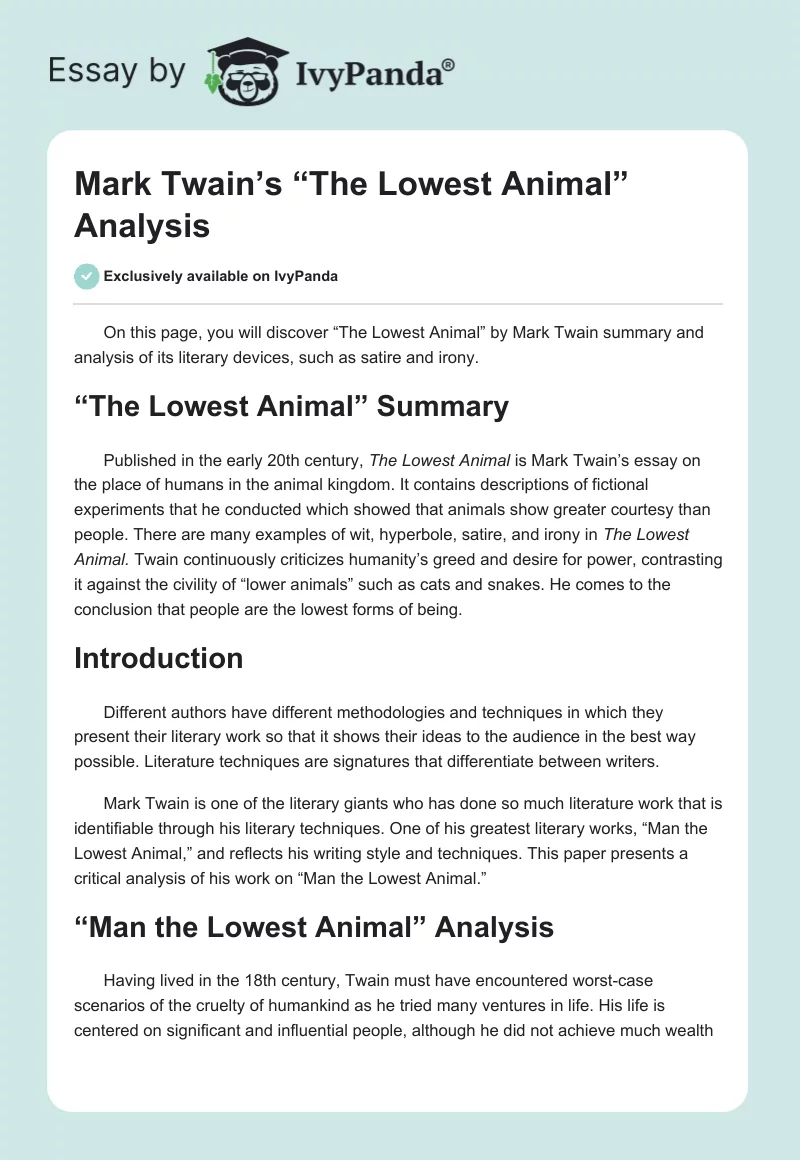 Mark Twain’s “The Lowest Animal” Analysis. Page 1