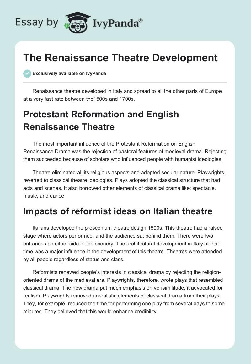 The Renaissance Theatre Development. Page 1