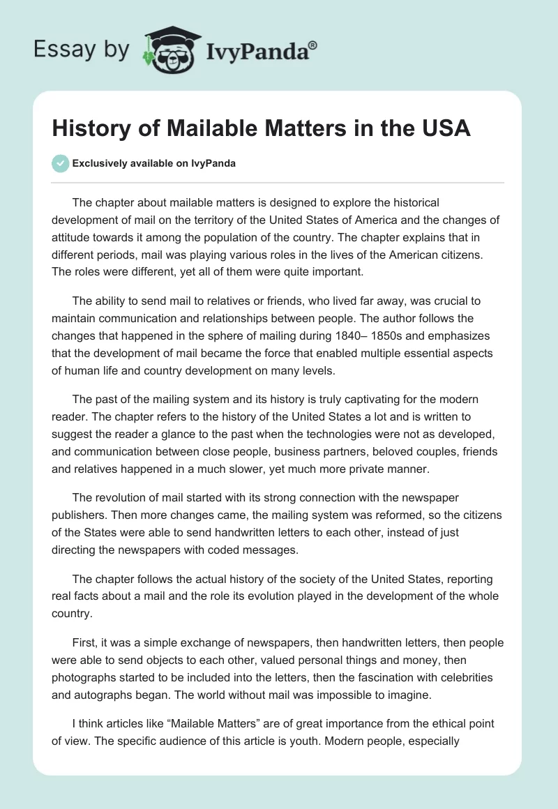 History of Mailable Matters in the USA. Page 1