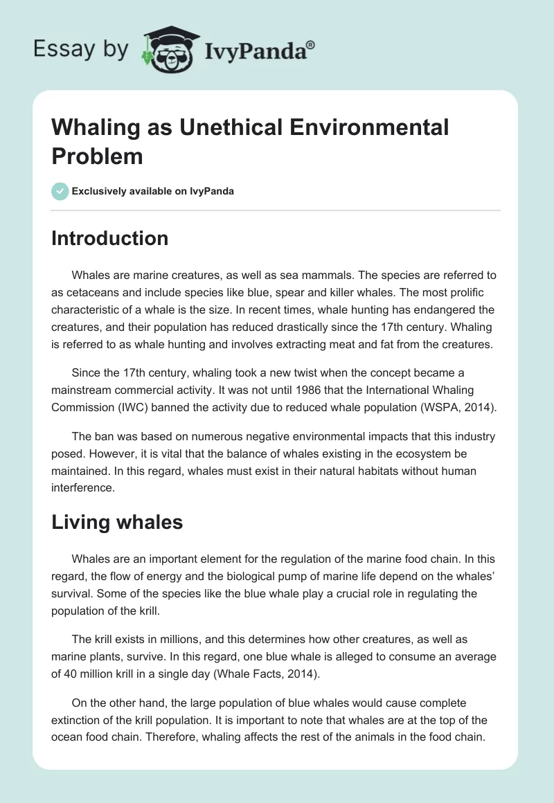 Whaling as Unethical Environmental Problem. Page 1