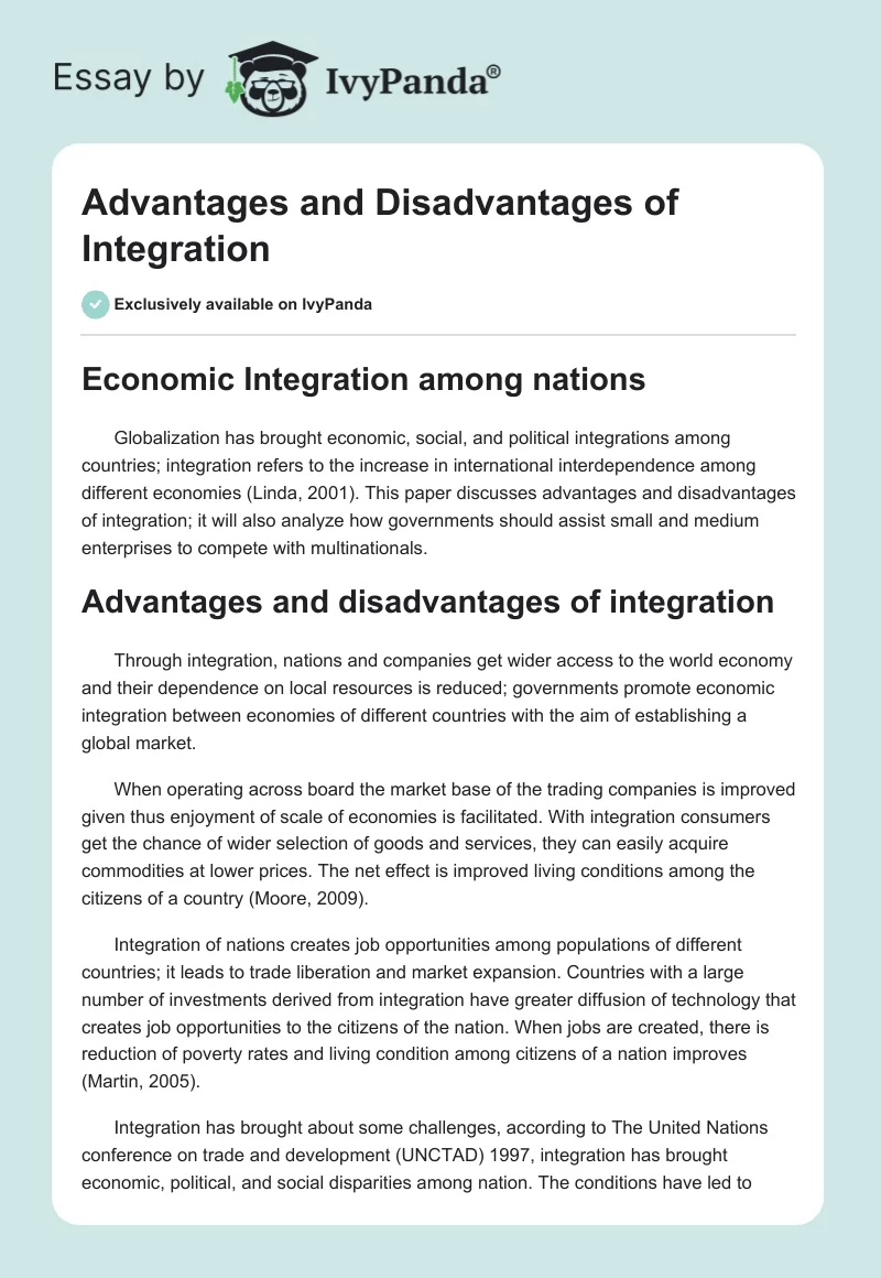 Advantages and Disadvantages of Integration. Page 1