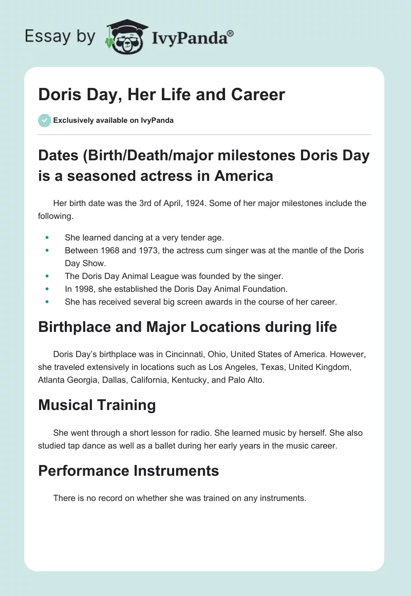 Doris Day, Her Life and Career. Page 1