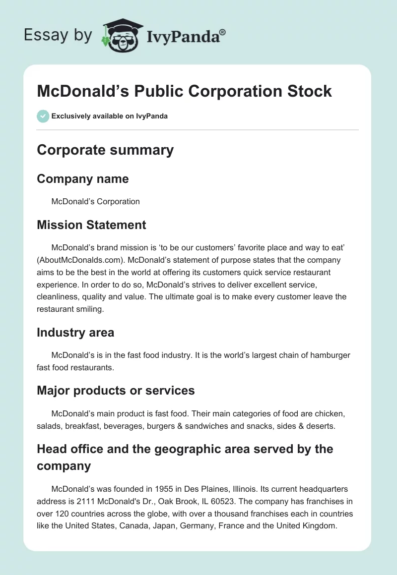 McDonald’s Public Corporation Stock. Page 1