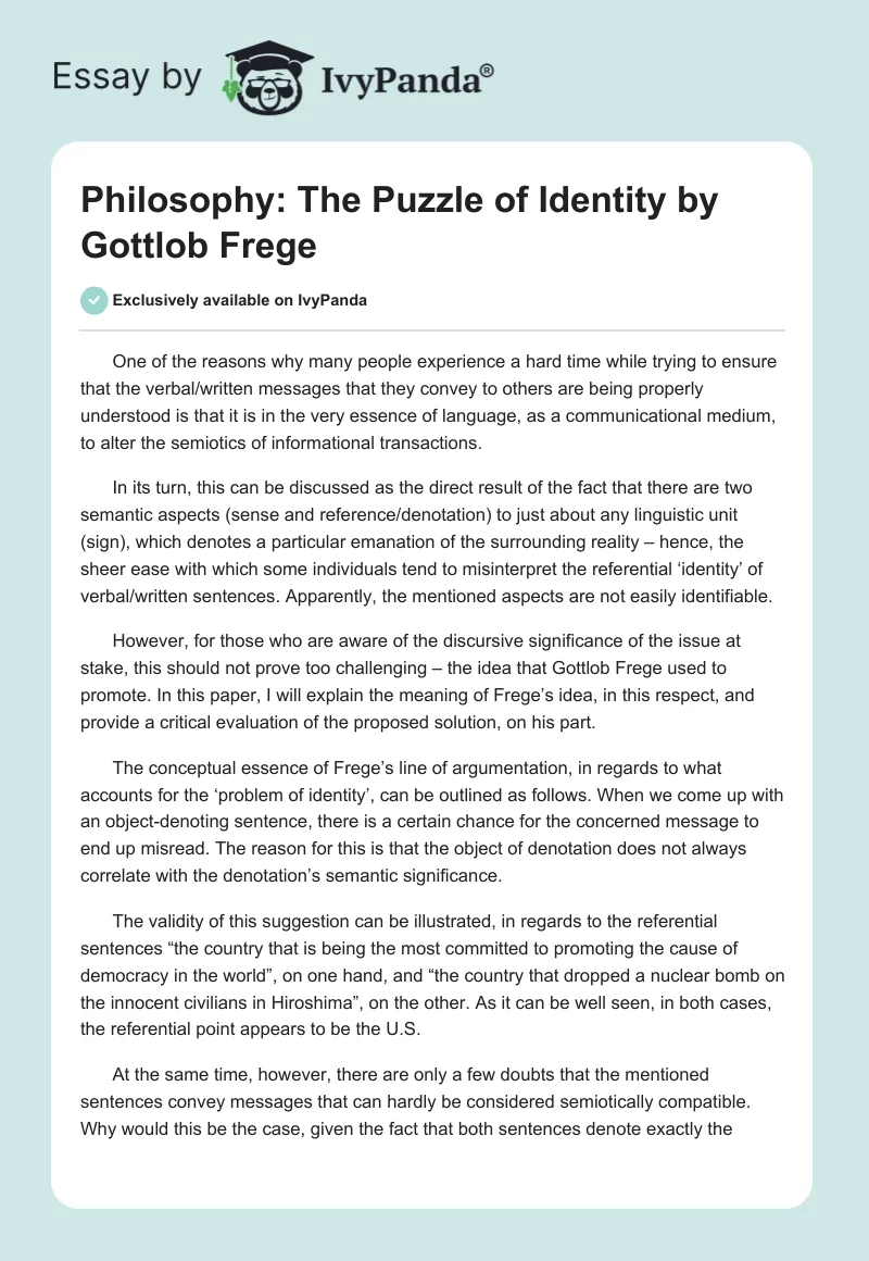 Philosophy: The Puzzle of Identity by Gottlob Frege. Page 1