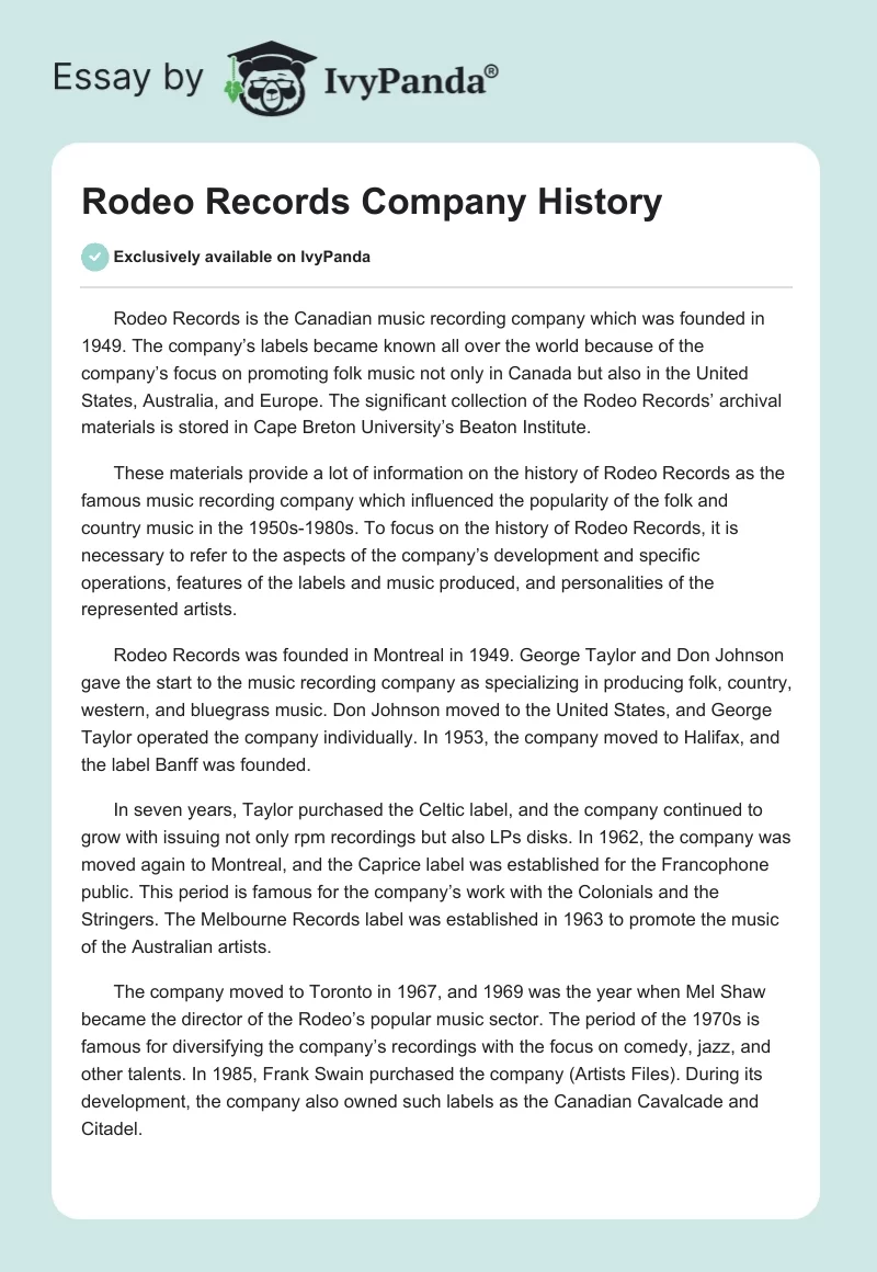 Rodeo Records Company History. Page 1