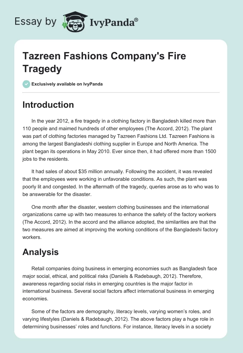 Tazreen Fashions Company's Fire Tragedy. Page 1