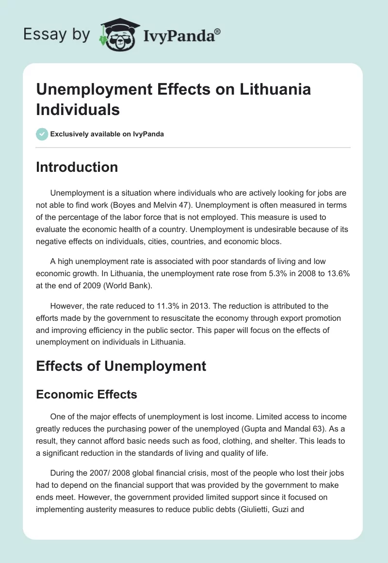 Unemployment Effects on Lithuania Individuals. Page 1