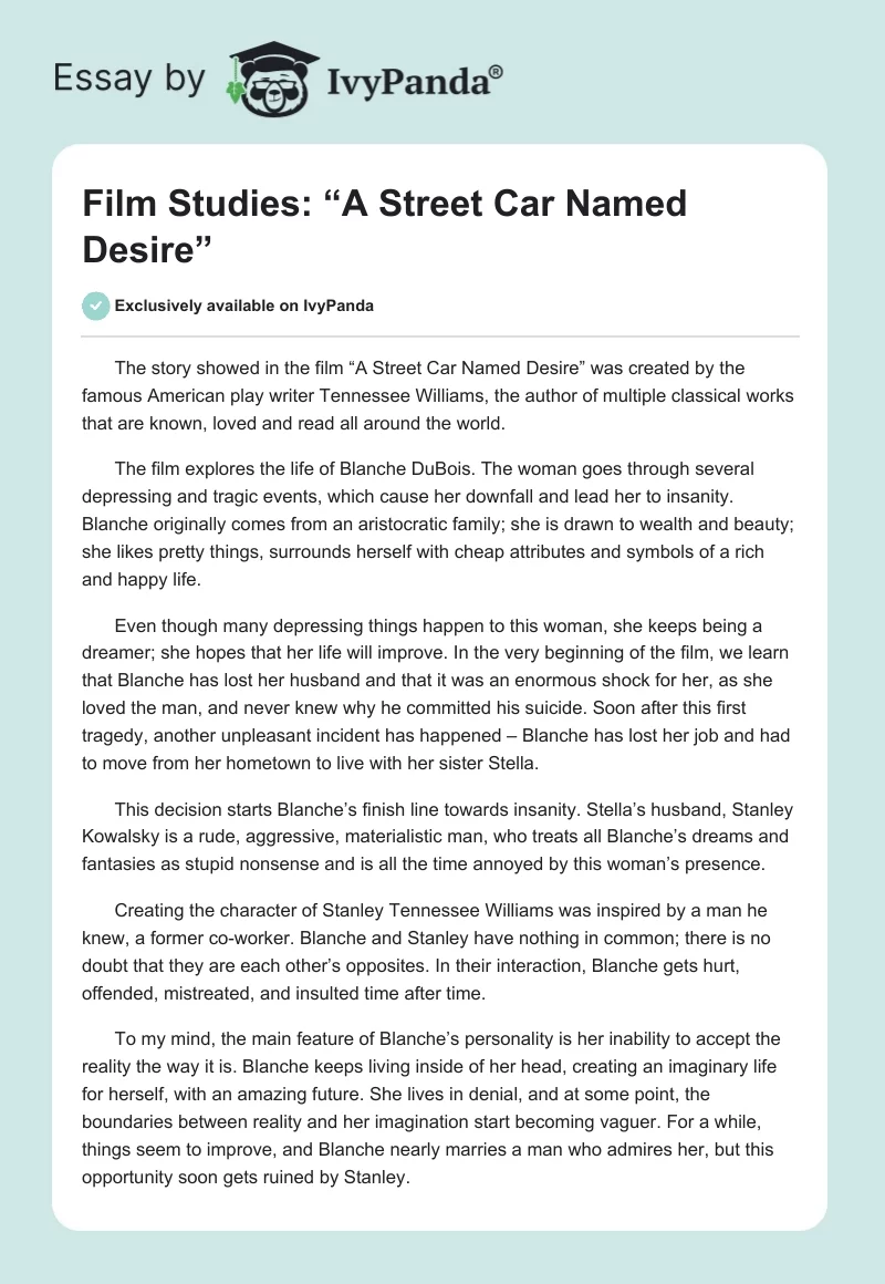 Film Studies: “A Street Car Named Desire”. Page 1