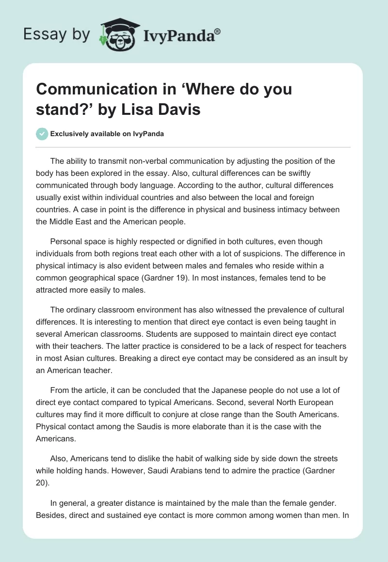 Communication in ‘Where Do You Stand?’ by Lisa Davis. Page 1