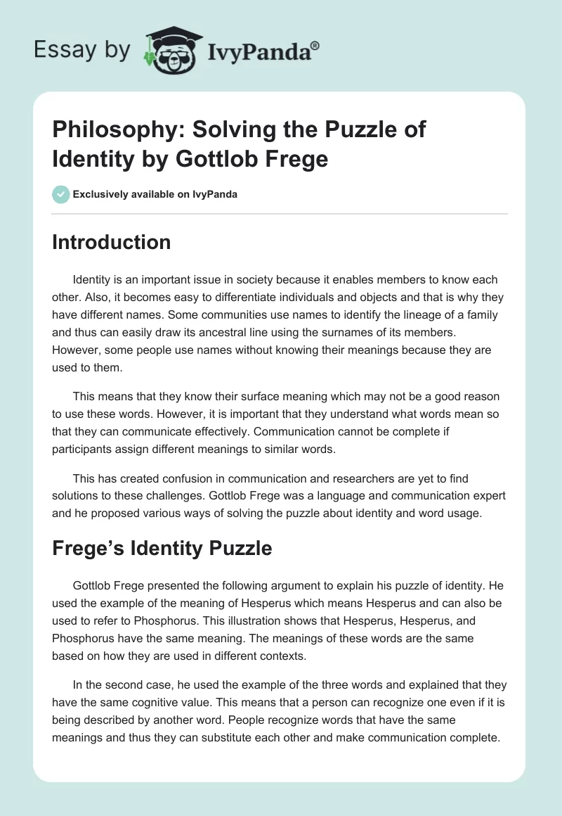 Philosophy: Solving the Puzzle of Identity by Gottlob Frege. Page 1