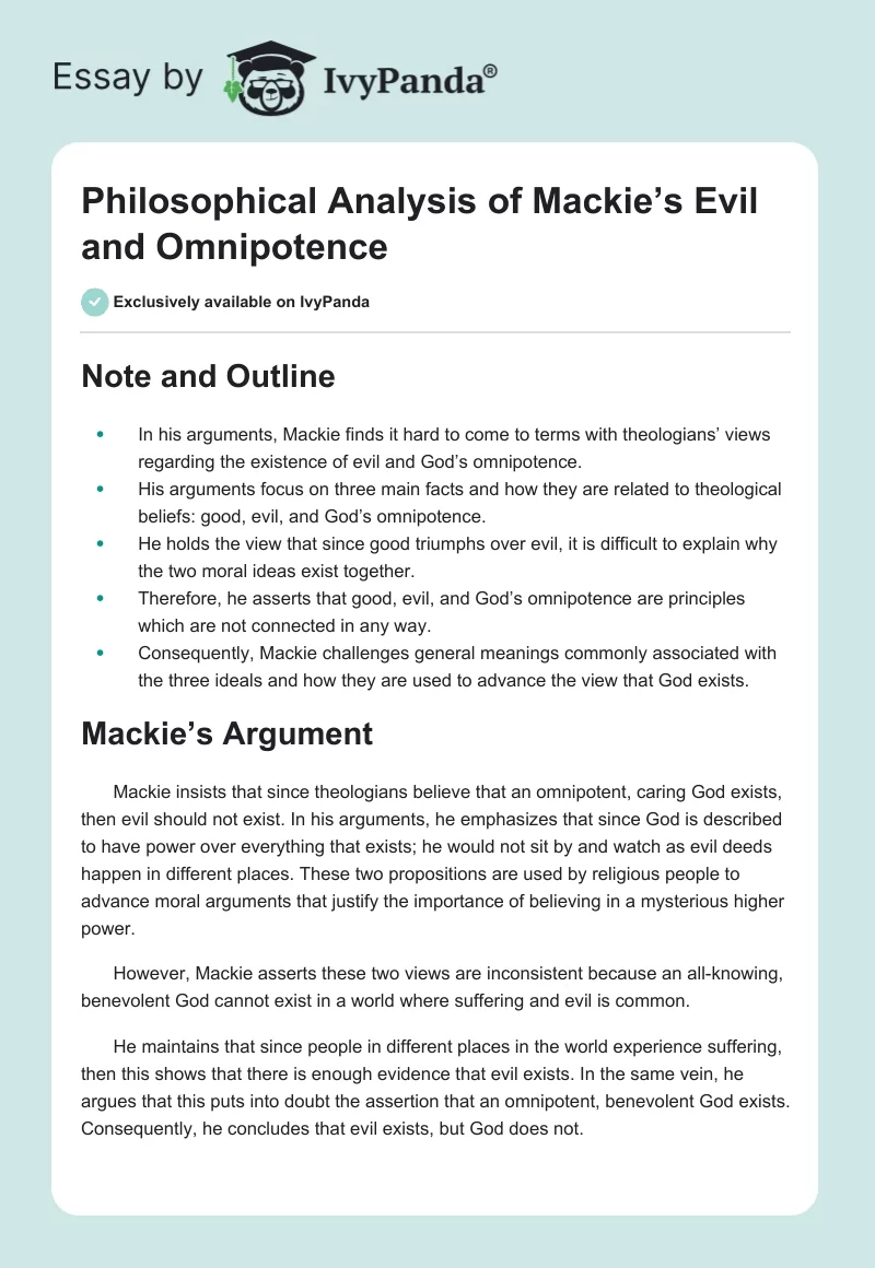 Philosophical Analysis of Mackie’s "Evil and Omnipotence". Page 1