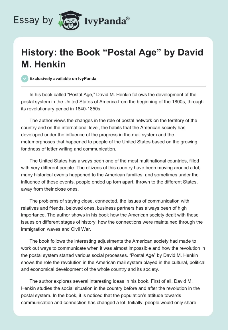 History: the Book “Postal Age” by David M. Henkin. Page 1