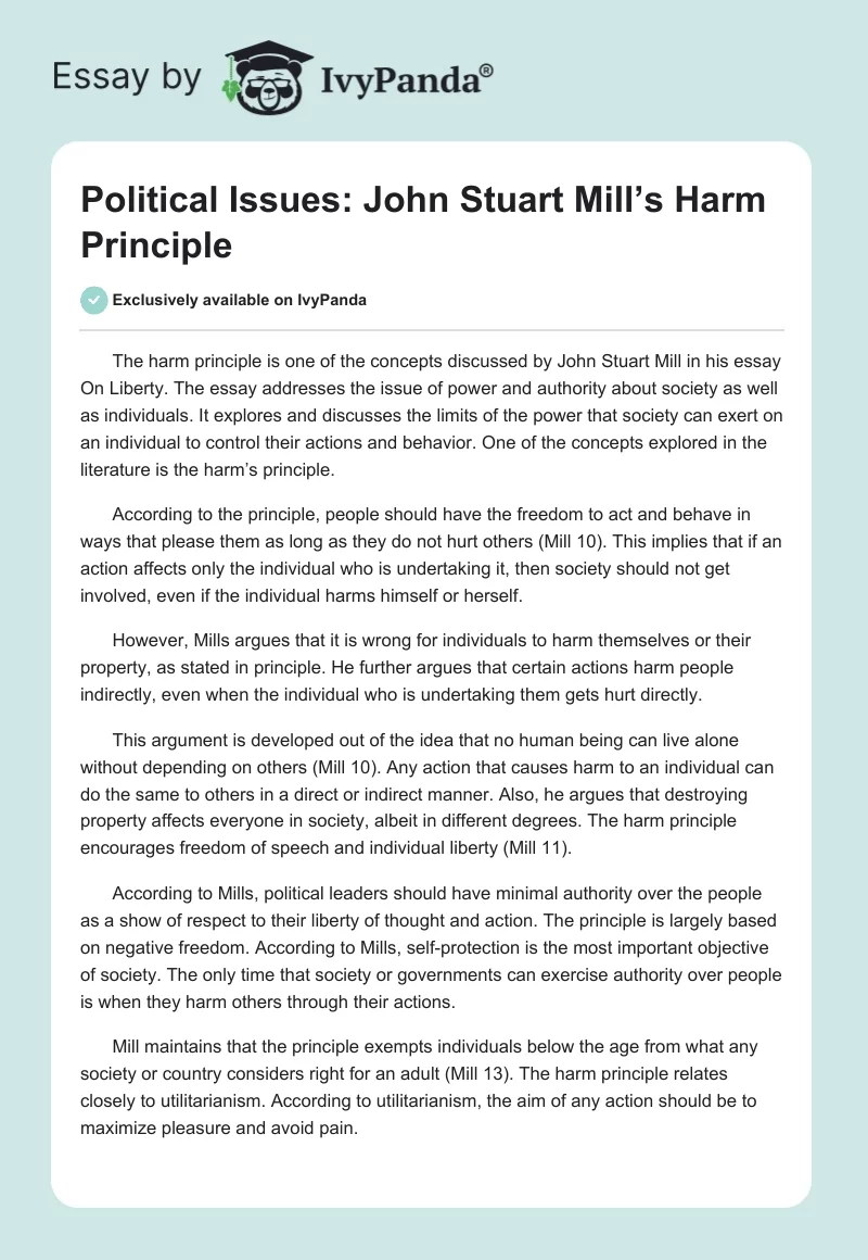 Political Issues: John Stuart Mill’s Harm Principle. Page 1