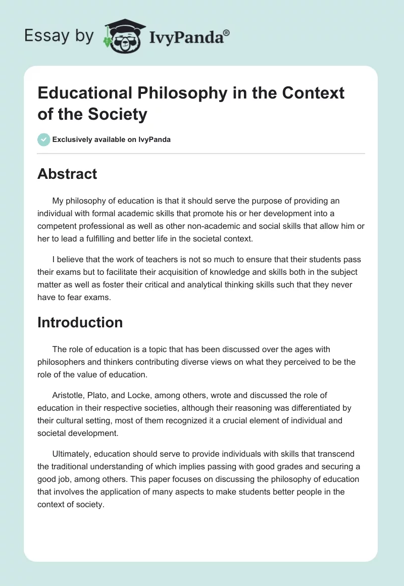 Educational Philosophy in the Context of the Society. Page 1