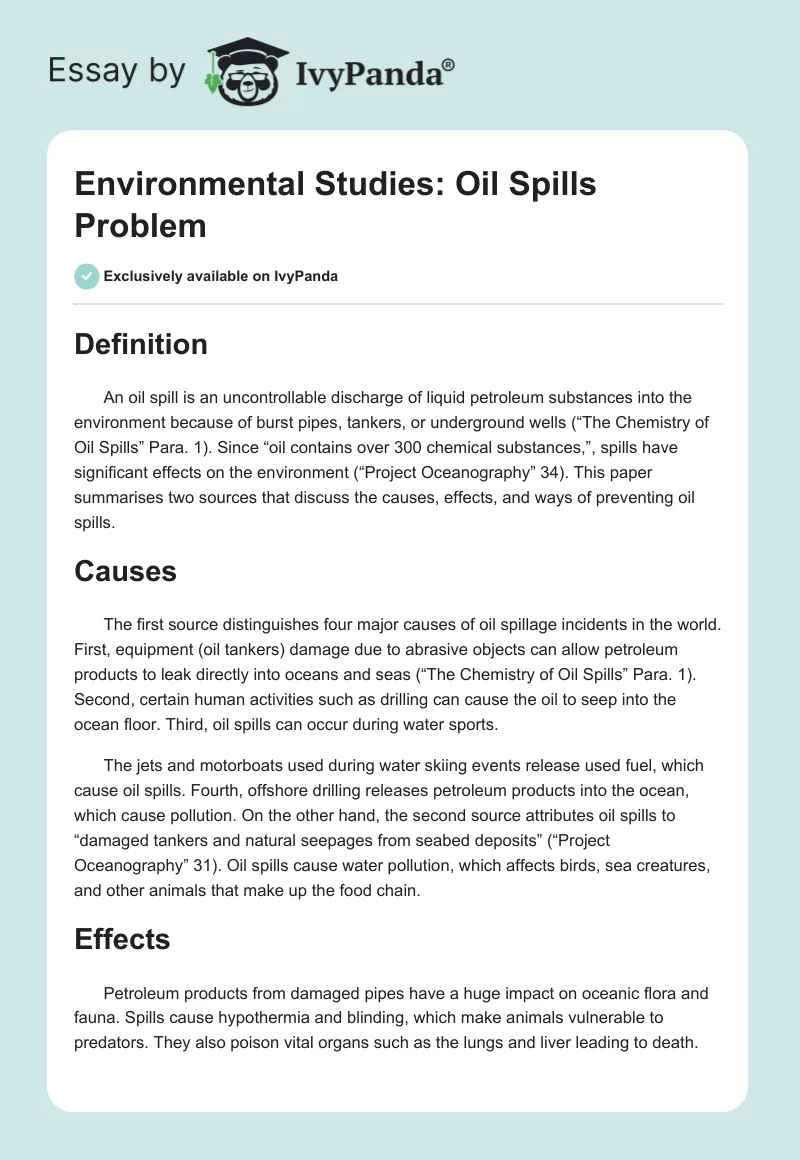 Environmental Studies: Oil Spills Problem. Page 1