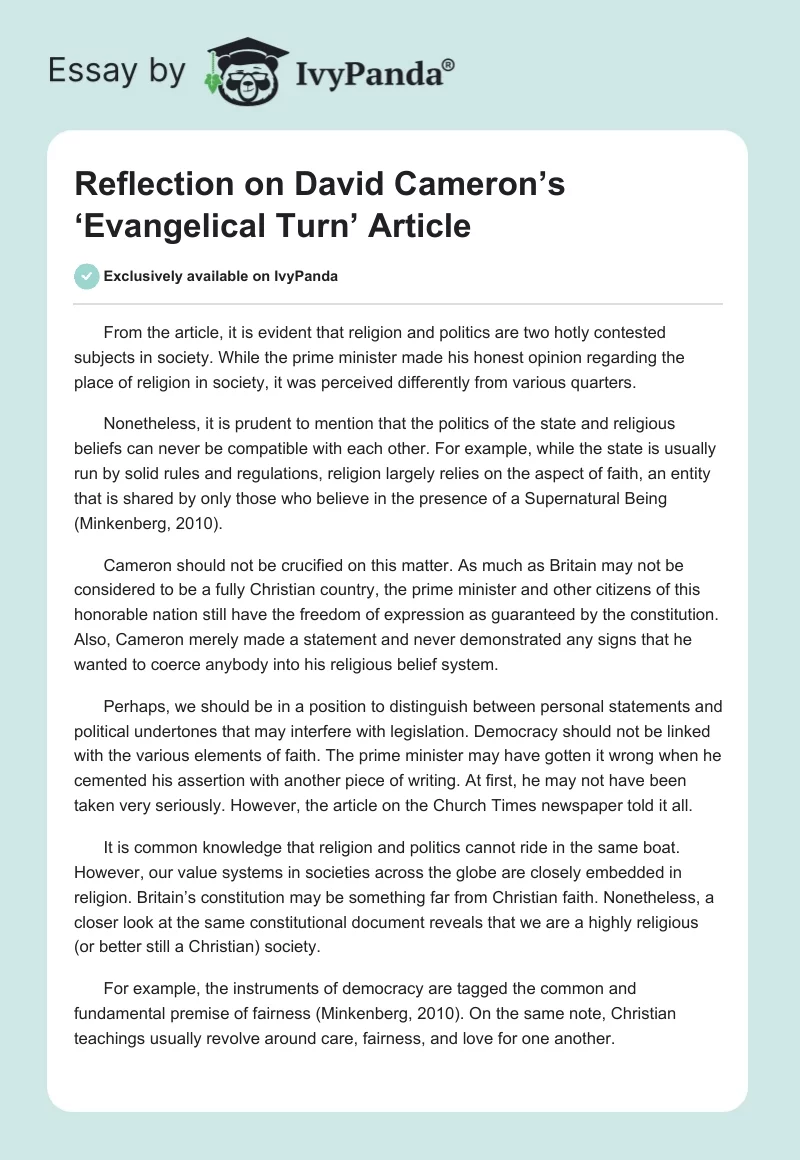 Reflection on David Cameron’s ‘Evangelical Turn’ Article. Page 1