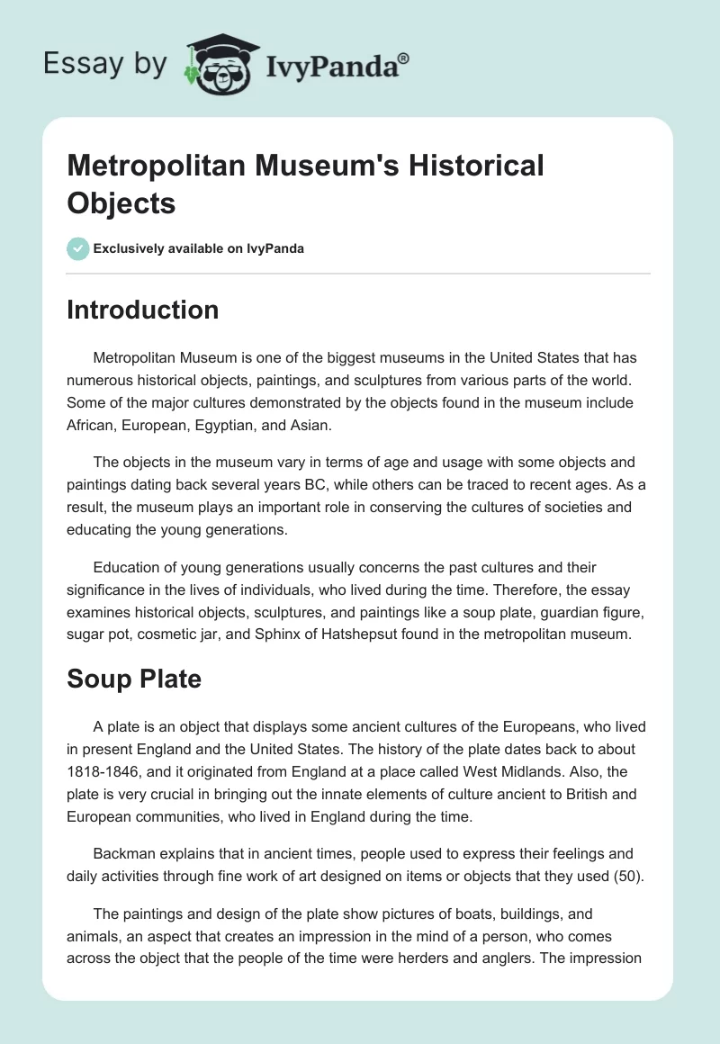 Metropolitan Museum's Historical Objects. Page 1