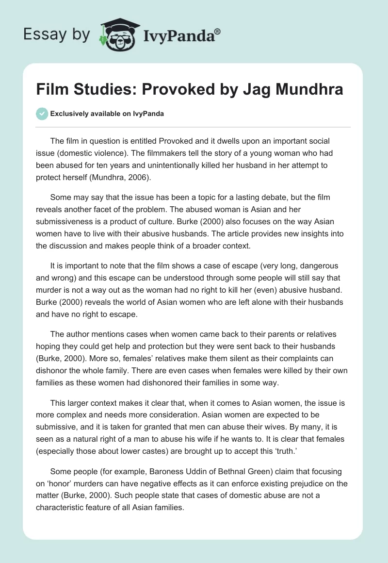 Film Studies: "Provoked" by Jag Mundhra. Page 1