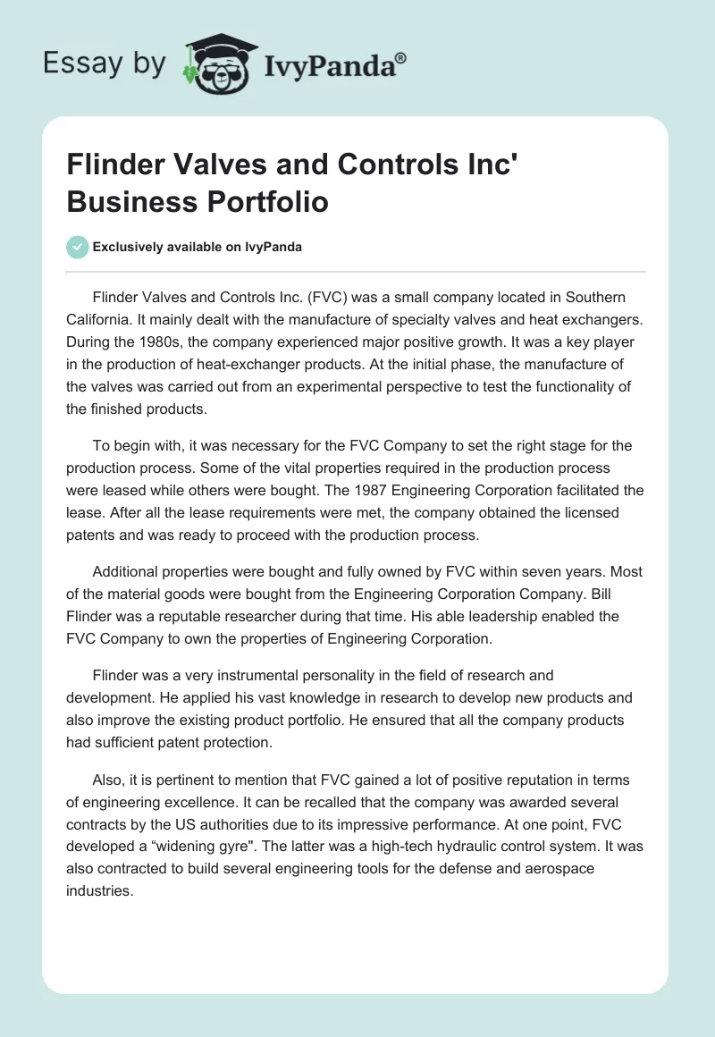 Flinder Valves and Controls Inc' Business Portfolio. Page 1