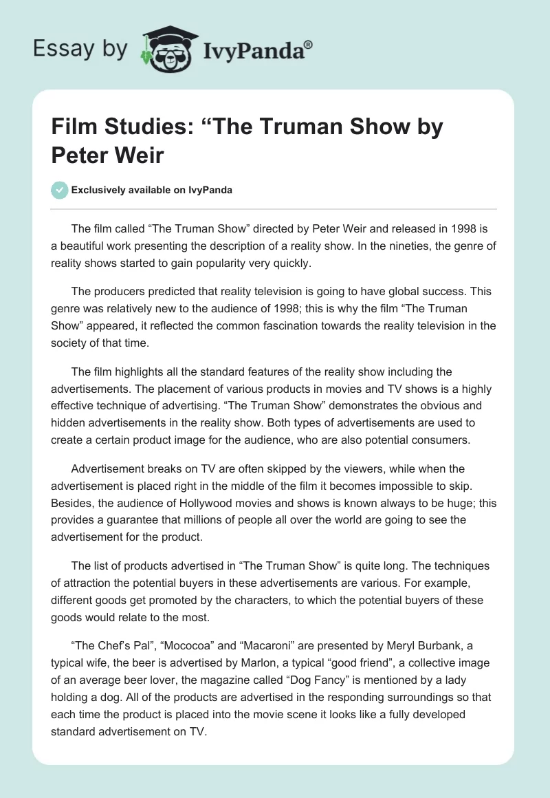 Film Studies: “The Truman Show" by Peter Weir. Page 1