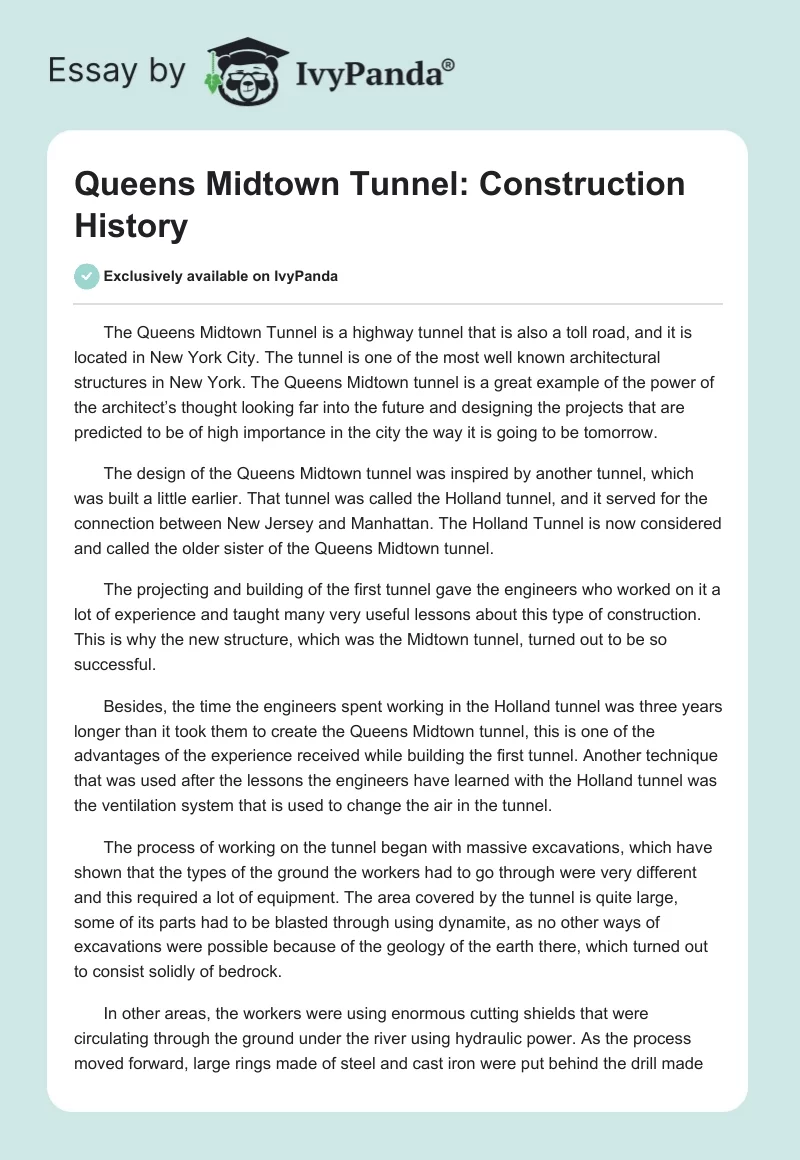 Queens Midtown Tunnel: Construction History. Page 1