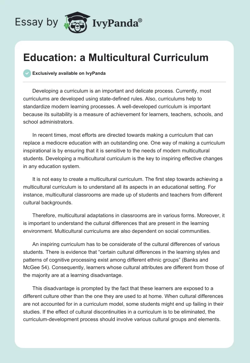 Education: a Multicultural Curriculum. Page 1