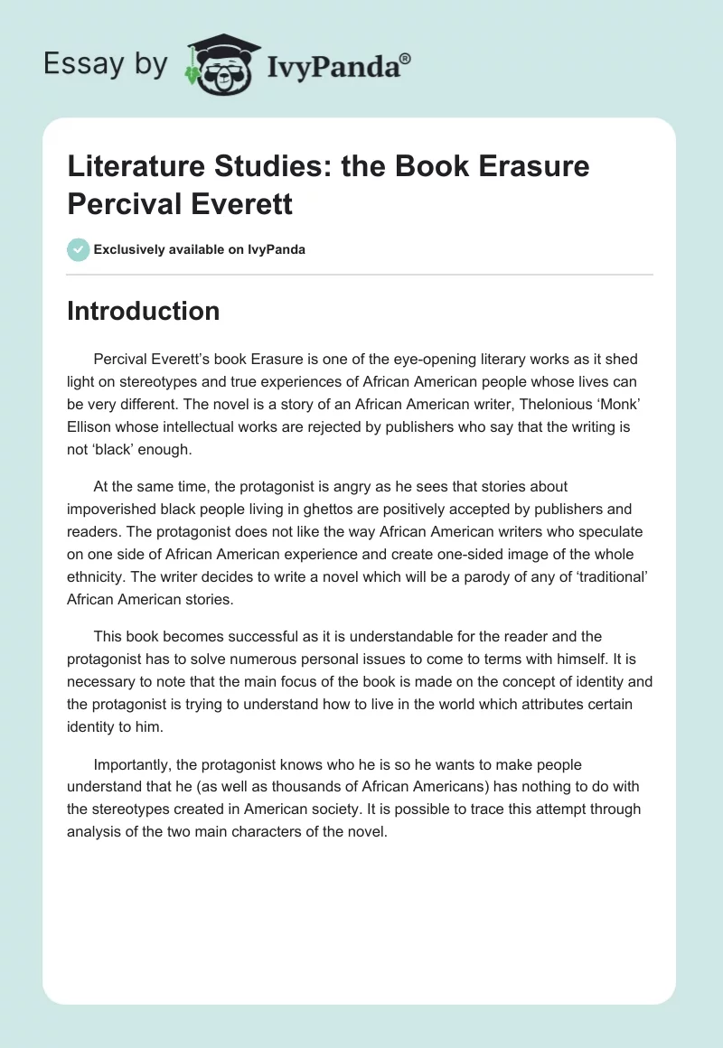 Literature Studies: the Book "Erasure" Percival Everett. Page 1
